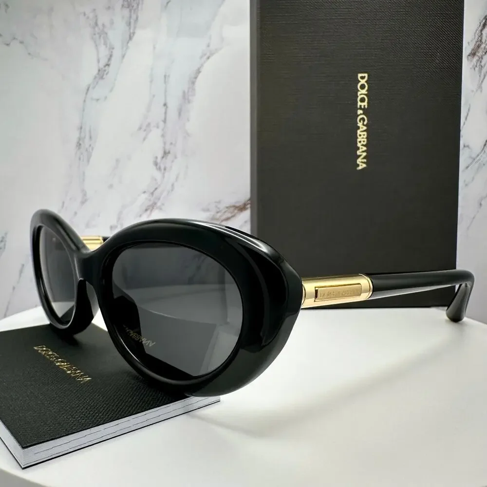 New Dolce & Gabbana Sunglasses Black Oval Cat Eye Gold Metal Logo 54-18